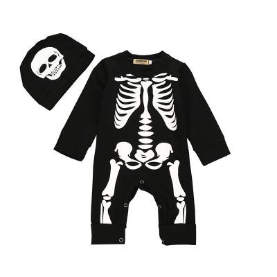 China Black Anti-Shrink Baby Halloween Costume Skeleton Pattern Clothing Baby Halloween Rompers 2 Pieces With Hat for sale