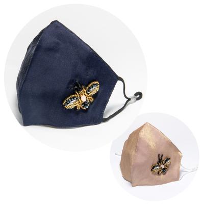 China Selling Cloth Small Hand Feeling Silky Viscous Cloth Small Bee Hand Beading Gold Navy Blue Luxury Facemask Party Face Mask and for sale