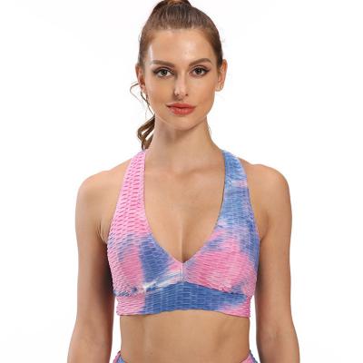 China 2021 New Breathable Tender Deep V-Neck Halter Women Tie Dye Texture Yoga Honeycomb Tops Anti Cellulite Sportswear Stylish Sports Bra for sale