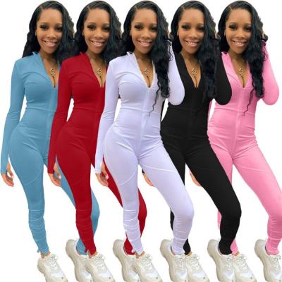 China zipper Front Solid Color Plus Size Autumn Women One Piece Jumpsuits New Anti-wrinkle Ladies Long Sleeve Rompers for sale