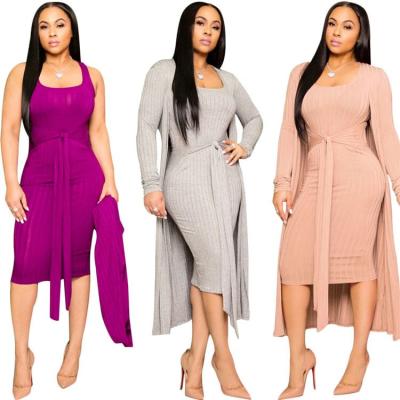 China 2021 Elegant Lady Two Piece Cardigan Breathable Bandage Solid Color Slip Autumn Women Midi Dresses for sale