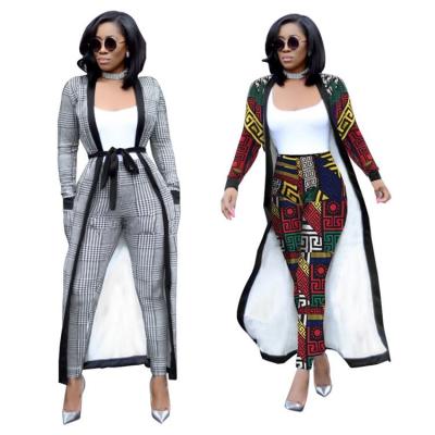 China Anti-pilling Fashion Women Sets Long Sleeve Waist Printed Pant Suits By Plaid Casual Popular Hot Cardigan Tops Coat Two Piece Tracksuit for sale