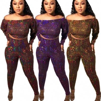 China Plus Size S-2XL Off The Shoulder Crop Tops With Long Joggers Sets Womens Clubwear Two Piece Sets Full Sleeve Outfits Jumpsuit for sale