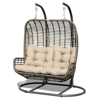 China Eco-freindly Outdoor Garden Iron Metal Hanging Double Basket Rattan Swing Chair Wicker Patio for sale