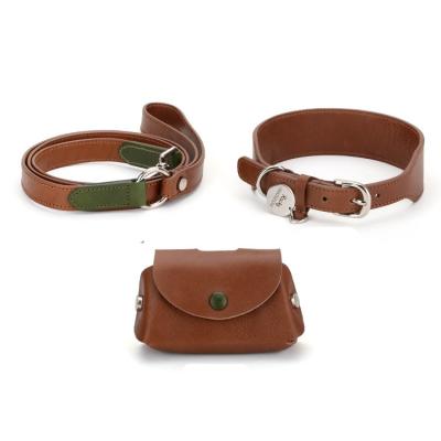 China Personalized Genuine Leather Pet Collars Leashes Set Dog Poop Bag Holder Pet Advance for sale