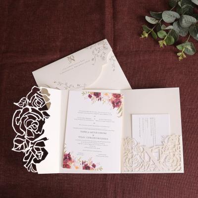 China Cheap Europe Flower Shape Laser Cut Card Wedding Invitations Laser Cut Pocket Wedding Invitations 2021 for sale