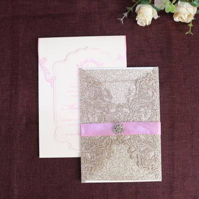 China Custom Europe Wedding Invitation Glitter Paper Cover Laser Cut Card Rose Foil Invitations for Wedding and Birthday for sale