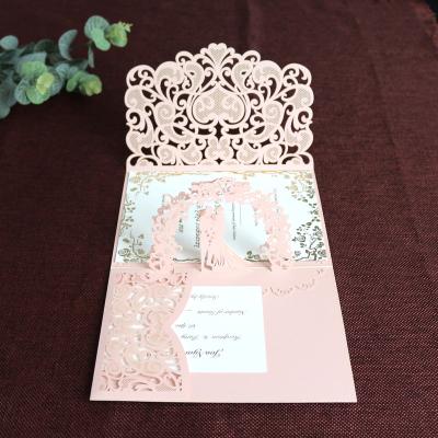 China Luxury Europe Custom Laser Cut 3d Handmade Pop Up Wedding Invitation Card Laser Cut Personalize Invitations With Envelope for sale