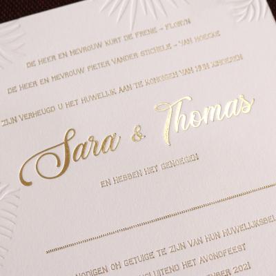 China Tropical Europe Blind Stamp Leaves Wedding Invitation with Custom Gold Ink on Cotton Peony Flower Ivory Paper Floral Wedding Invite for sale