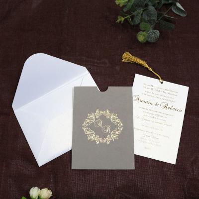 China Europe Amazon velvet hot-selling gray pocket with gold foil main card and tassel for birthday invitations wedding invitation card for sale