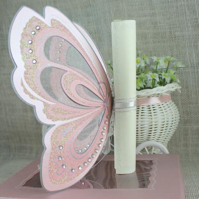 China Europe Luxury Royal Pink Butterfly Shape Scroll Wedding Invitations Card For Sale for sale