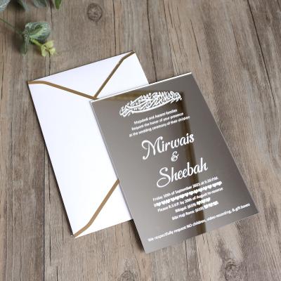 China Wedding Party Event Gold Foil Edge White Envelope Silver Acrylic Mirror Invitation for sale