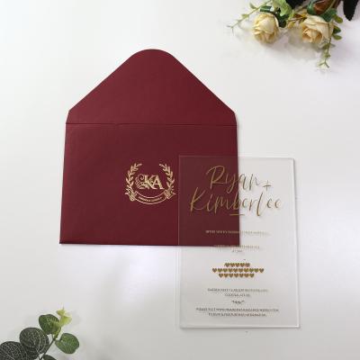 China Custom Clear Acrylic Wedding Party Event Print Burgundy Envelope Wedding Card Invitation Cards for sale