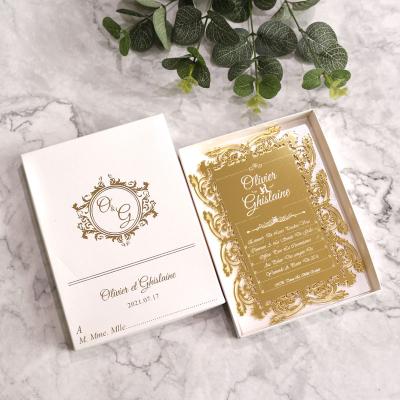 China Europe Laser Cut Acrylic Gold Mirror Wedding Invitation Cards With Box for sale