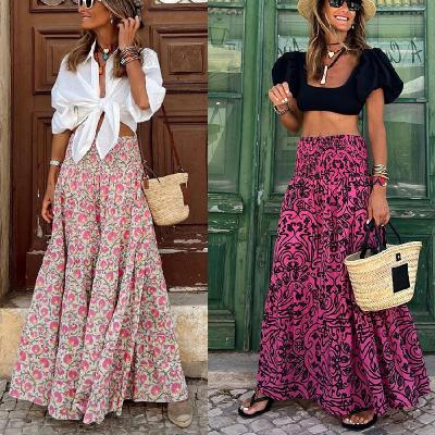 China European and American fashion women's casual long printed breathable skirt with elastic waist and holiday skirt. for sale