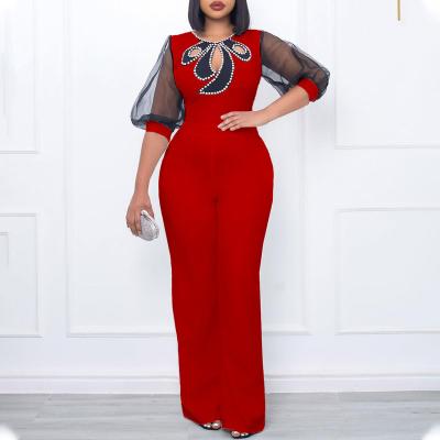 China Foreign Trade Breathable Women's Short Bubble Sleeve Beading Sexy Wide Leg Waist Plus Size Border Jumpsuit for sale