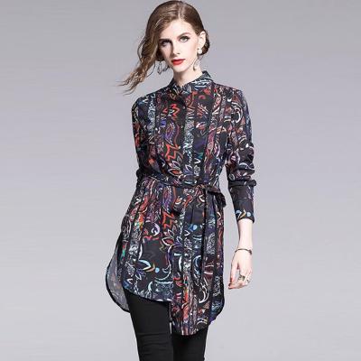 China Women's Design Sense Design Sense Slot Spring Print Long Irregular Shirt Tops And Shirts Summer Long Sleeve Lapel Slim Long Strap Shirt for sale