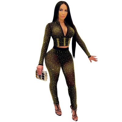 China European and American V-neck rhinestone European and American V-neck nightclubs pants suit slim women's breathable two-piece clothing for sale