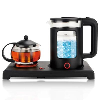 China 360 Degree Water Rotation Bottom Smart Boiler Glass Electric Kettle Tray Set Teapot with Removable Infuser for Teas and Coffee for sale