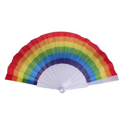 China Multicolor Shower Centerpiece Rainbow Fabric Hand Fans For Weddings Parties Dance Plastic and Nylon-Cloth Folding Hand Fan Premium Fabric Stock for sale