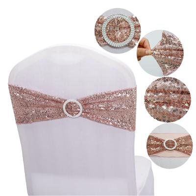 China Unique Romantic Spandex Stretch Chair Sashes Sequi Knots Bows Universal Elastic Cover Bands Buckle Slider Wedding Banquet Party Hotel Decor for sale