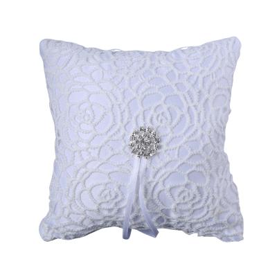 China 6 Inch Unique Romantic Lace White Wedding Ring Pillow Cushion Bearer for Beach Wedding Lace Crystal Rose Wedding Heart Ring Holder Pearl for sale