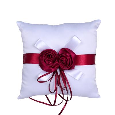 China New Unique Romantic Square Wedding Ring Pillow Cushion Bearer For Beach Wedding Pillow With Red Heart Flower Wedding Ring Holder for sale