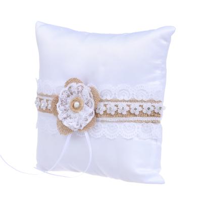 China Unique Romantic Wedding Ring Pillow Cushion Bearer for Beach Wedding Lace Flower Ring Holder Canvas Wedding 7.9 inch for sale