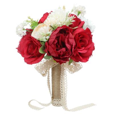 China Artificial Romantic Bridesmaids Unique Romantic Wedding Rose Flower Bouquet Centerpiece Silk Flower Bouquet Rope Handle Bride Bride Decor for sale