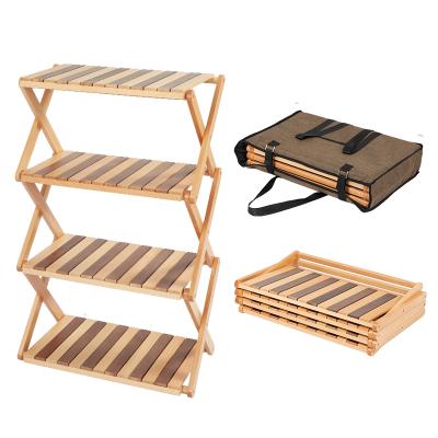 中国 Walnut light wooden color multi-layer folding storage rack, foldable shoe rack, flower rack 販売のため