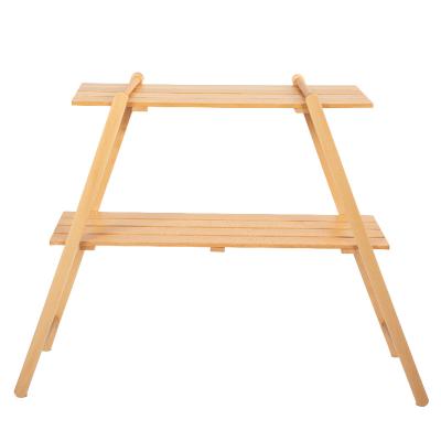 中国 Luyuan light natural color double shelf stand foldable article shelf beech wood shelf with storage bag for hiking/travel/camping 販売のため