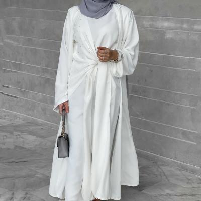 China 2022 New Arrival Stretchy Middle East Dubai Solid Color Pearl Two Piece Modern Casual Long Abaya Suit Dress for sale