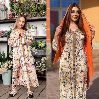 China Islamic Clothing Abaya Dress Stain Printing Muslim Mothers And Daughters Clothing Arab Abaya European And Beautiful Girl's Long Dress for sale