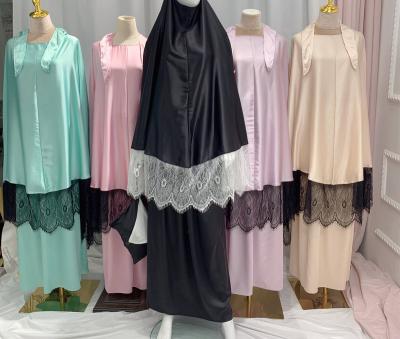 China Ramadan Festival Dress 2022 Swing Lace Satin Dress 2 Piece Dubai Dresses With Sash for sale