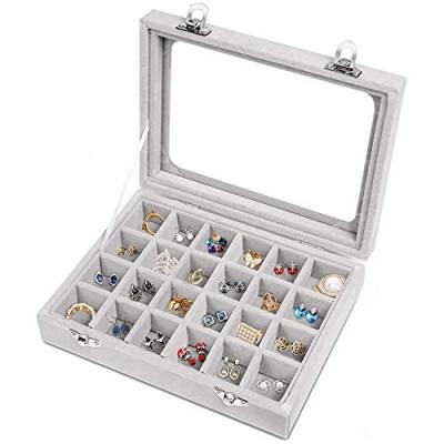 China Luxury Jewelry Sotrage Jewelry Box 24 Grid Velvet Jewelry Tray For Storage Clear Glass Ring Holder Earrings Organizer Case Drawers Lid Showcase Display for sale