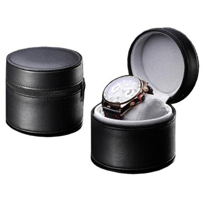 China Private Label Recyclable PU Leather Travel Zipper Round Sports Watch Box Black For Men for sale