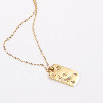 China Trendy Fashion Jewelry Rectangle Charm 18K Gold Plated CZ Stones Setting Stainless Steel Moon Star Pendant Necklace for sale