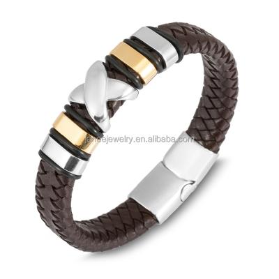 China Braided Leather Bracelets Dubai Online Buying Men's Gold Plated Engraved Stainless Steel Wide Braided Bracelet Leather Men Genuine Leather for sale