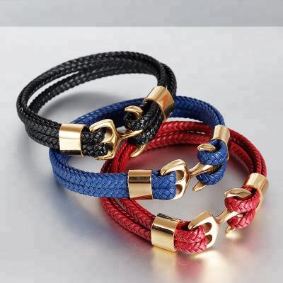 China Custom Anchor Men's Anchor Wrap Bracelet Factory Stainless Steel Wrap Leather Braided Bracelet for sale