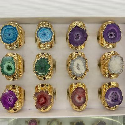 China Women Sunflower Theme Casual/Sporty Open Druzy Ring Crystal Quartz Geode Stud Adjustable Goldtone Coated Rings for sale