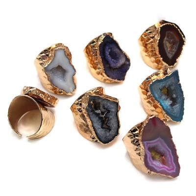 China Casual/Sporty Women Color Rough Stone Druzy Ring Crystal Quartz Geode Open Adjusted Geode Hole Design Gold Inlaid Unique for sale