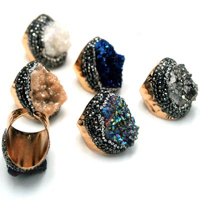 China Vintage Natural Druzy Ring Shiny Color Women Adjustable Band Open Ring Original Stone Punk Style Wide Size for sale