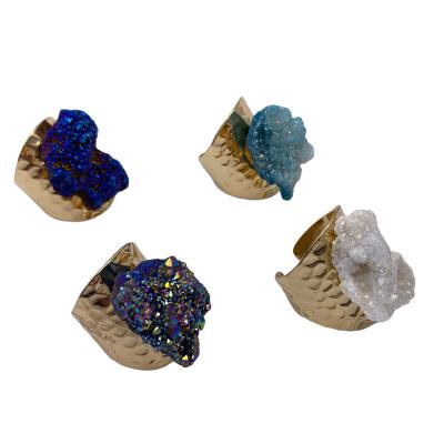 China Vintage Women Color Rough Stone Plating Druzy Ring Crystal Cuff Style Geode Open Adjusted Hole Design Gold Inlaid Unique for sale