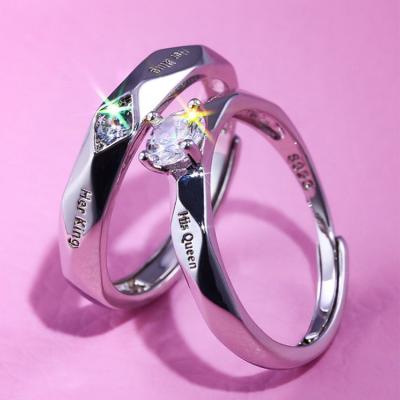 China Romantic Europe And America Fashion Stainless Steel Simple Adjustable His Queen Her Couple Diamond Ring For Wo Of King Letter Design Love for sale