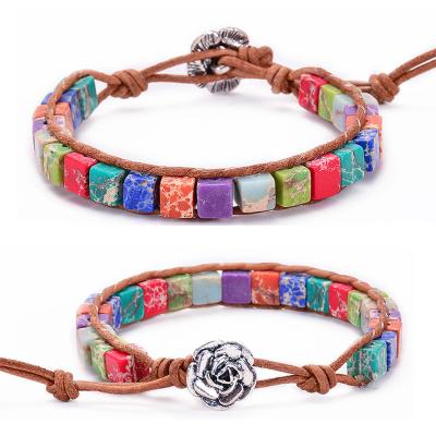 China Seven Square Romantic Color Chakra Stone Bracelet Meditation Relax Adjustable Handmade Natural Stone Lotus Healing Yoga Bracelet for sale