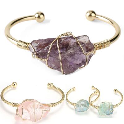 China Neo-Gothic Wire Wrapped Natural Raw Druzy Bracelet With Goldtone Plating Irregular Rough Quartz Wrapping Bracelet Bangle Original Design Hand for sale