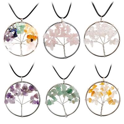 China CLASSIC Natural Raw Stone Life Tree Necklace Design Long Original Gemstone Copper Wire Necklace With PU Rope for sale