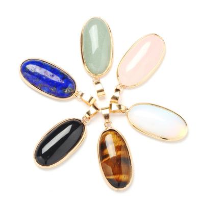 China TRENDY Big Real Stone Necklace 14K Color Plated DIY Gem Stone Green Aventurine Rose Oval Quartz Opal Charm With Chain for sale