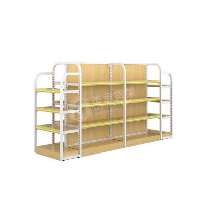 China Meicheng Light Duty Grocery Shelves White Metallic Color Retail Single Sided/Double Sided Woody Layer Display Rack Set for sale