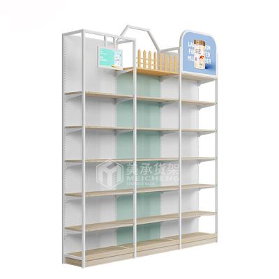 China Supermarket Single-Sided Rack Retail Store Shelf Meicheng Wall Storage Light Duty Metallic Single-Sided Corner Shelf for sale